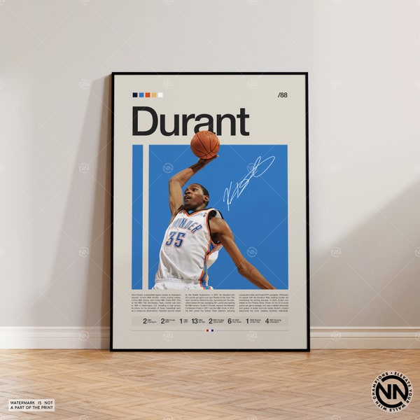 Kevin Durant Poster, OKC Thunder Poster, NBA Poster, Sports Poster, Mid Century Modern, NBA Fans, Basketball Gift, Sports Bedroom Posters