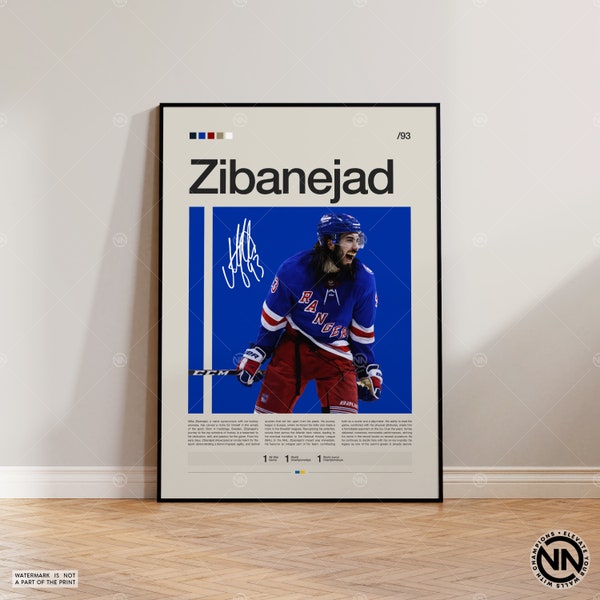 Mika Zibanejad Poster, New York Rangers Poster, NHL Poster, Hockey Poster, Sports Poster, Mid-Century Modern, Sports Bedroom Posters