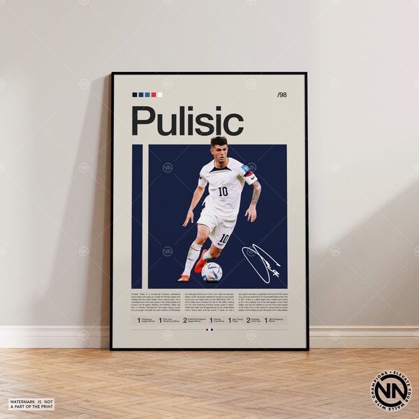 Christian Pulisic Poster, USMNT Poster, Soccer Gifts, Sports Poster, Football Player Poster, Soccer Wall Art, Sports Bedroom Posters