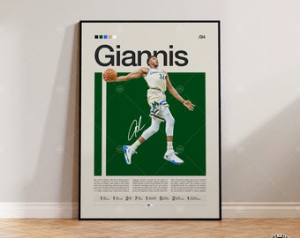 Cartel de Giannis Antetokounmpo, Cartel de los Milwaukee Bucks, Cartel deportivo, Moderno de mediados de siglo, Aficionados de la NBA, Regalo de baloncesto, Carteles de dormitorios deportivos