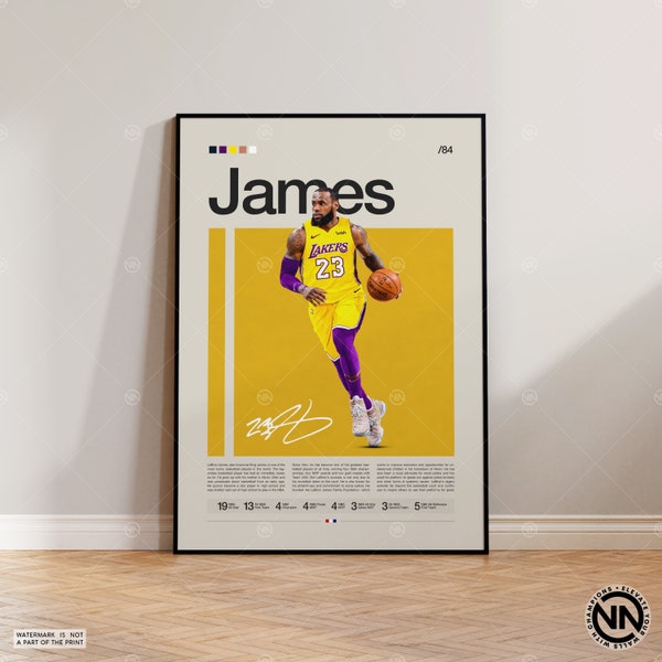 Lebron James Poster, LA Lakers Print, NBA Poster, Sports Poster, Mid Century Modern, NBA Fans, Basketball Gift, Sports Bedroom Posters