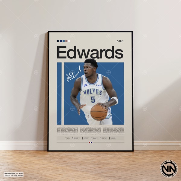 Anthony Edwards Poster, Timberwolves Print, NBA Poster, Sports Poster, Mid Century Modern, NBA Fans, Basketball Gift, Sports Bedroom Posters