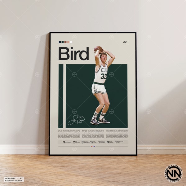 Affiche Larry Bird, impression Boston Celtics, affiche NBA, affiche de sport, style Mid-Century moderne, fans de la NBA, cadeau de basket-ball, affiches de chambre sport