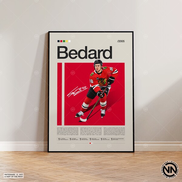 Connor Bedard Poster, Chicago Blackhawks Poster, NHL Poster, Hockey Poster, Sports Poster, Mid-Century Modern, Sports Bedroom Posters