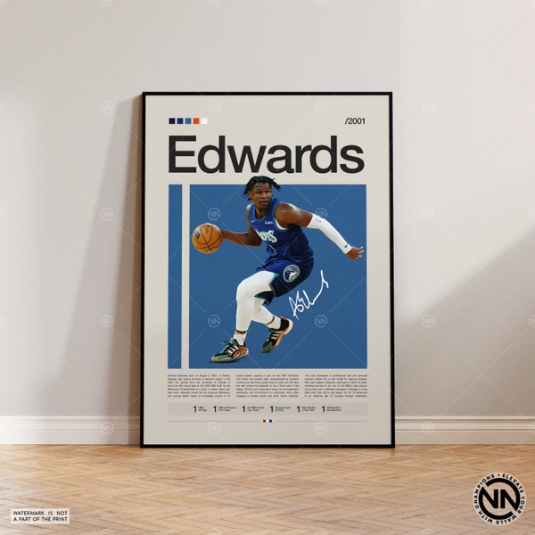 Anthony Edwards Poster, Timberwolves Print, NBA Poster, Sports Poster, Mid Century Modern, NBA Fans, Basketball Gift, Sports Bedroom Posters