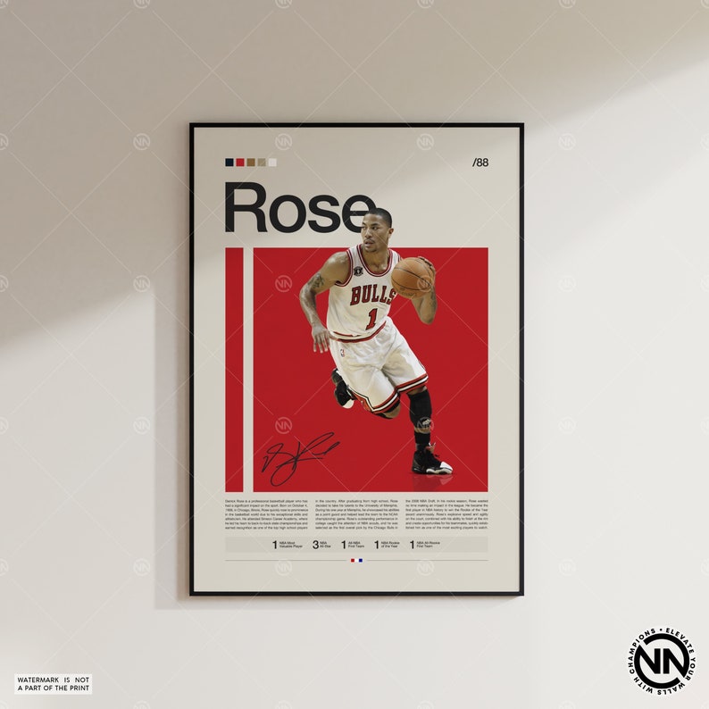 Derrick Rose Poster, Chicago Bulls, NBA Poster, Sports Poster, Mid Century Modern, NBA Fans, Basketball Gift, Sports Bedroom Posters image 6