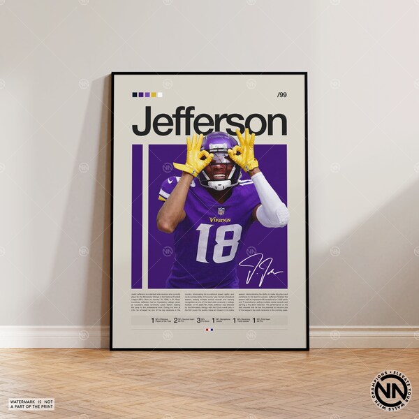 Justin Jefferson Poster, Minnesota Vikings Print, NFL Poster, Sports Poster, Football Poster, NFL Wall Art, Sports Bedroom Posters