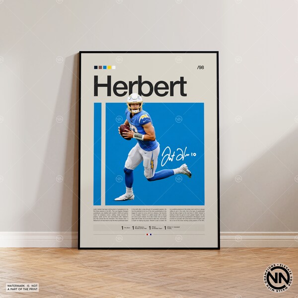 Justin Herbert Poster, San Diego Chargers Print, NFL Poster, Sports Poster, Football Poster, NFL Wall Art, Sports Bedroom Posters