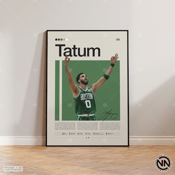 Jayson Tatum Poster, Boston Celtics Poster, NBA Poster, Sports Poster, Mid Century Modern, NBA Fans, Basketball Gift, Sports Bedroom Posters