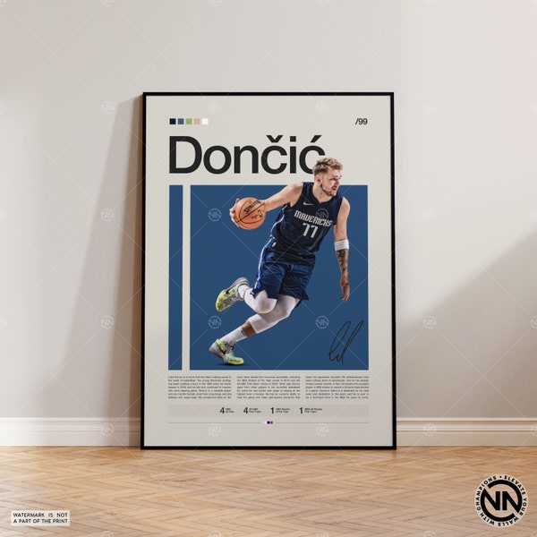 Plakat Luka Dončić, druk Dallas Mavericks, plakat NBA, plakat sportowy, Mid Century Modern, fani NBA, prezent koszykówki, plakaty do sypialni sportowej