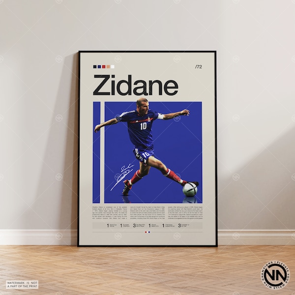 Zinedine Zidane Poster, French Footballer, Soccer Gifts, Sports Poster, Football Player Poster, Soccer Wall Art, Sports Bedroom Posters