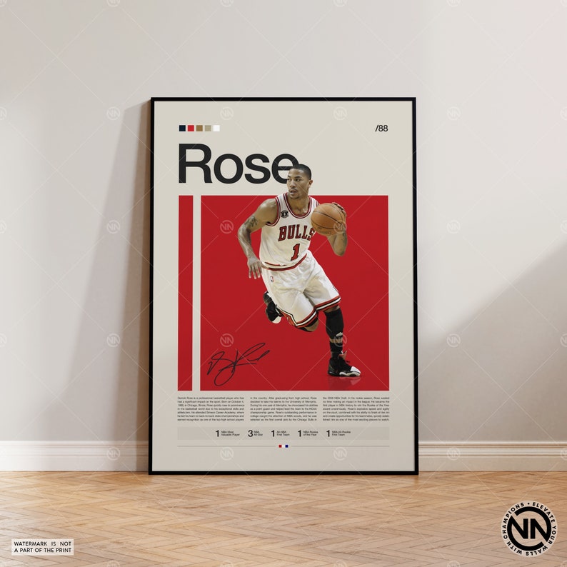 Derrick Rose Poster, Chicago Bulls, NBA Poster, Sports Poster, Mid Century Modern, NBA Fans, Basketball Gift, Sports Bedroom Posters image 1