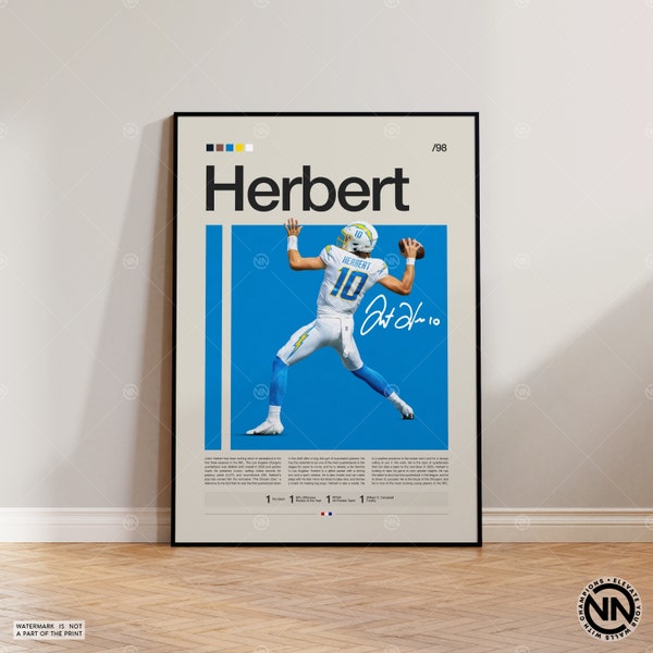 Justin Herbert Poster, San Diego Chargers Print, NFL Poster, Sports Poster, Football Poster, NFL Wall Art, Sports Bedroom Posters