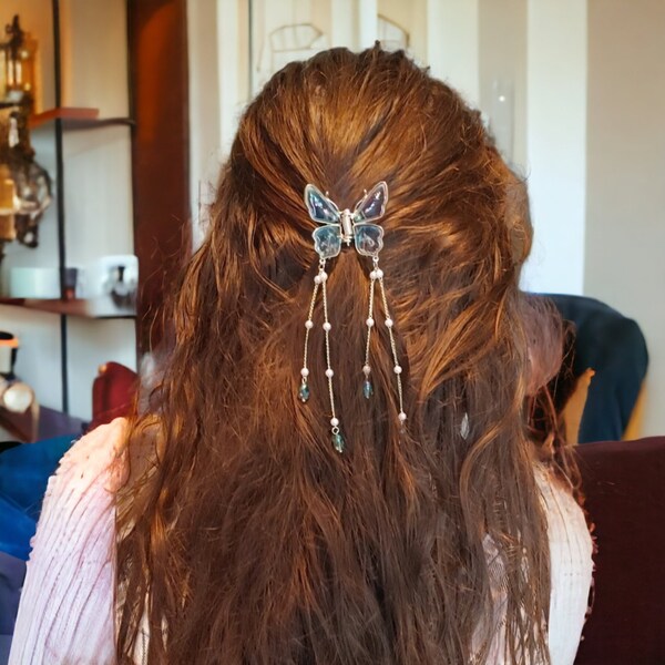 Barrette à pampilles papillon, pince à griffes papillon colorée, barrette à cheveux en perles de cristal et de perles