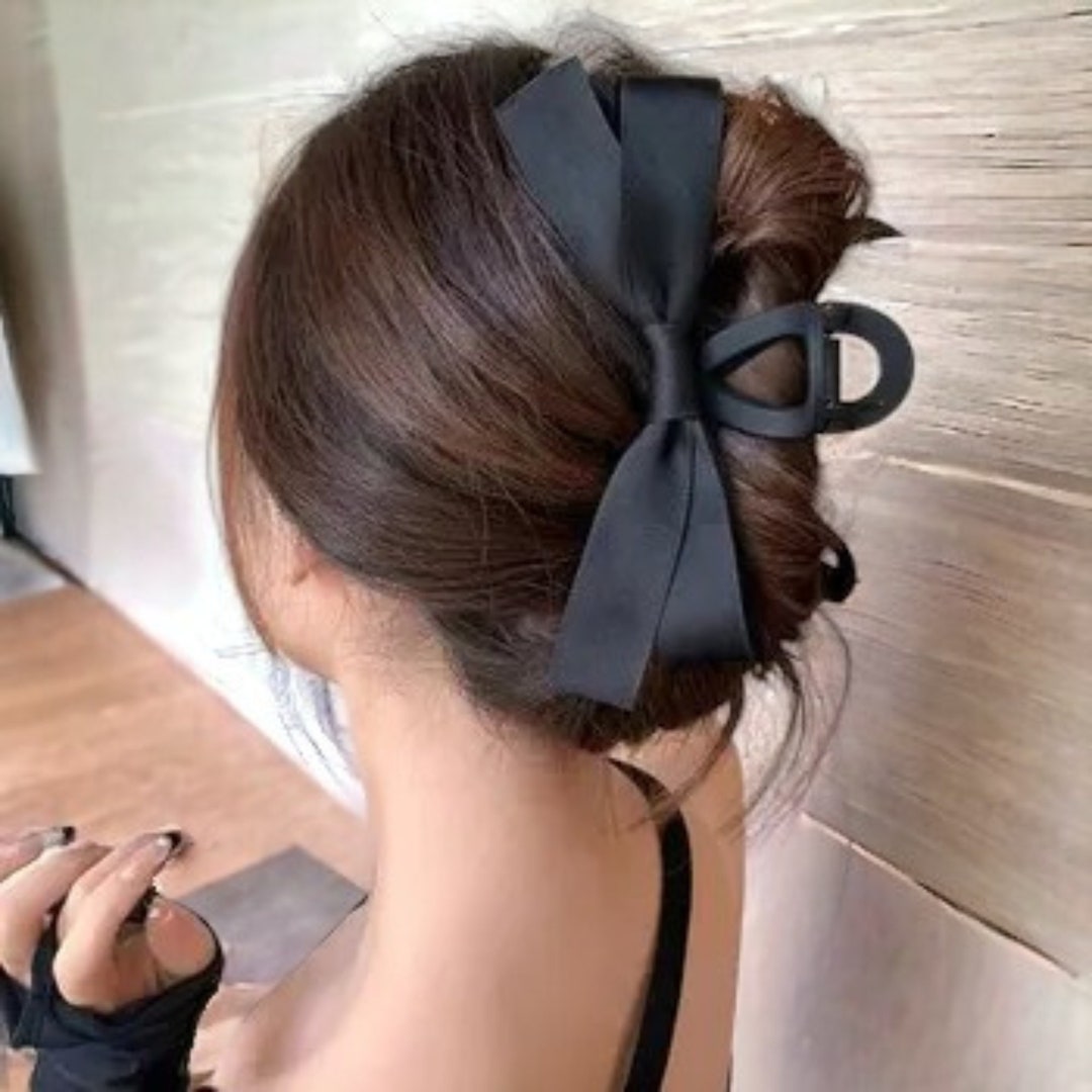 Matte Black Hair Bow Claw Clip, Glossy Ribbon Hair Clip, White Bow Ribbon Hair Clip, Satin Bow ...