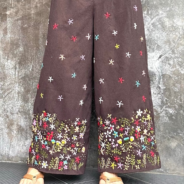 Cotton Embroidered Pants, M size Pants, Floral embroidered Pants, Brown Pants, Relax Pants, Wide leg Pants, Elastic waist pants