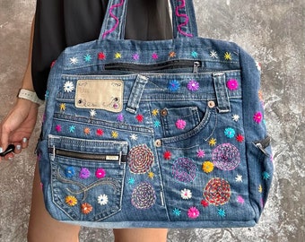 Embroidered Denim Shoulder bag, Colorful bag, Shopping bag, Shoulder bag, Denim bag, One of a kind bag, Embroidered bag, Remake Denim Bag