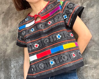 Ethnic blouse, Akha Blouse, Patchwork blouse, Unique blouse, Hemp blouse, Short sleeve blouse, Summer blouse