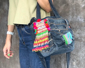 Upcycled Denim Bag, Crossbody denim bag, Shoulder denim bag, Denim tote bag, Denim bag with tassels, Denim bag Decorated with embroidery