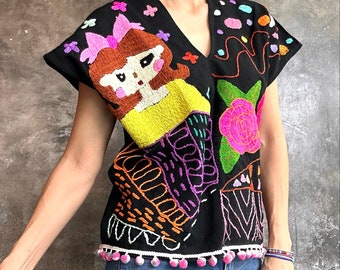 Embroidered Blouse, Pom Pom blouse, Handmade blouse, Colorful blouse, Keren style Blouse, Summer blouse, Cute blouse, V-neck blouse,