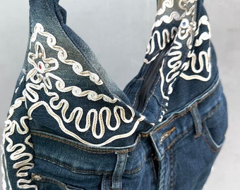 Handcrafted Upcycled Denim Bag, Denim bag, Shoulder denim bag, Embroidered Denim bag, Jean bag, Cool denim bag, Boho shoulder bag