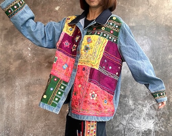 Indian Patchwork on Denim Jacket, Large Denim Jacket, Vintage Patchwork Jacket, Silk Patchwork on Denim Jacket, Handmade Denim Jacket