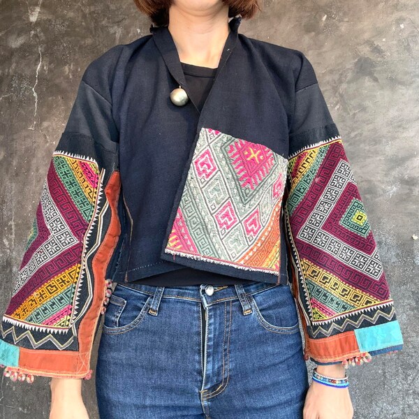 Ethnic Jacket, Hemp Jacket, Embroidered Jacket, Vest for women, Short Jacket, Crop top Jacket, Cropped Ethnic open Blazer, Summer Boho Coat