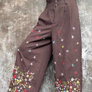 Cotton Embroidered Pants, M size Pants, Floral embroidered Pants, Brown Pants, Relax Pants, Wide leg Pants, Elastic waist pants zdjęcie 2