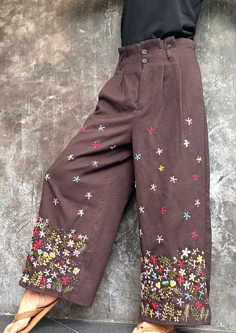 Cotton Embroidered Pants, M size Pants, Floral embroidered Pants, Brown Pants, Relax Pants, Wide leg Pants, Elastic waist pants zdjęcie 2