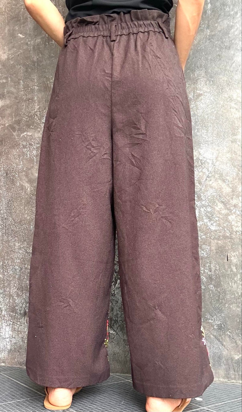 Cotton Embroidered Pants, M size Pants, Floral embroidered Pants, Brown Pants, Relax Pants, Wide leg Pants, Elastic waist pants zdjęcie 5