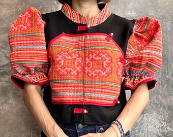 Ethnic blouse, Balloon sleeves blouse, Embroidered blouse, Embroidered crop top, Hemp blouse, one of a kind blouse