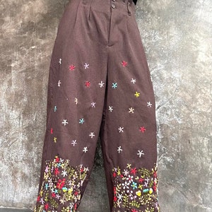 Cotton Embroidered Pants, M size Pants, Floral embroidered Pants, Brown Pants, Relax Pants, Wide leg Pants, Elastic waist pants zdjęcie 3