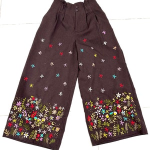 Cotton Embroidered Pants, M size Pants, Floral embroidered Pants, Brown Pants, Relax Pants, Wide leg Pants, Elastic waist pants zdjęcie 9