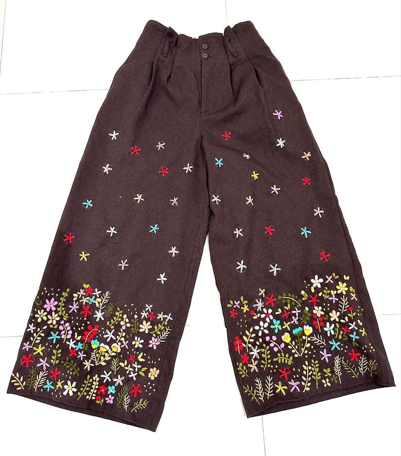 Cotton Embroidered Pants, M size Pants, Floral embroidered Pants, Brown Pants, Relax Pants, Wide leg Pants, Elastic waist pants zdjęcie 9