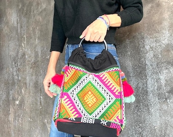 Hill tribe Bag, Embroidered bag, Handmade bag, Hemp bag, Handmade tote bag, Handcrafted Embroidered bag, Unique tote bag, Top handle bag