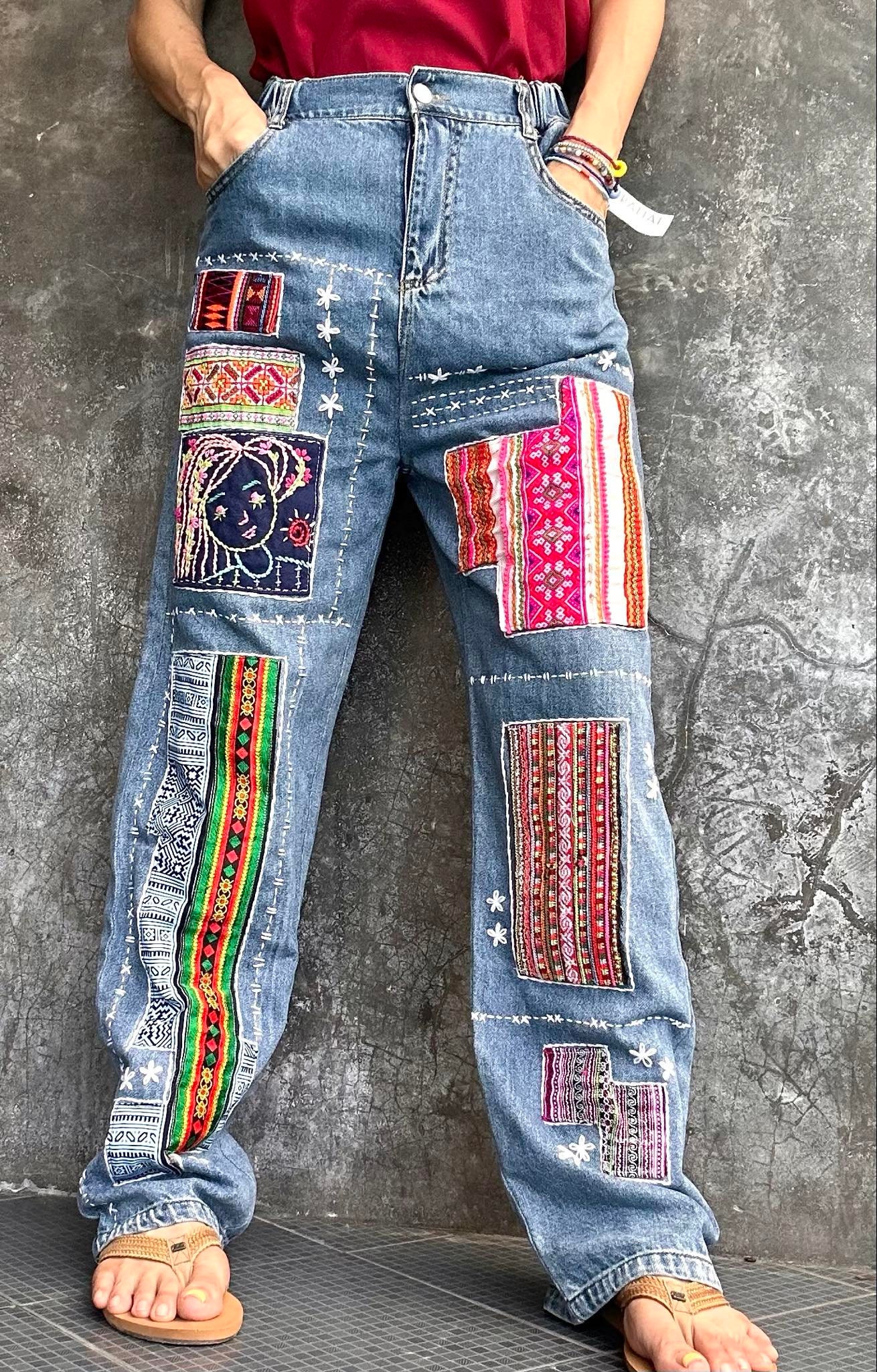 【mnem】Embroidered Patch Wide Denim Embroidered Black Baggy baggy jeans - Retro High Street