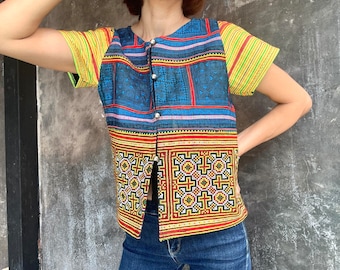 Embroidered Blouse, Ethnic Blouse, Hmong Embroidered Blouse, Short Sleeve blouse, Unique blouse, Patchwork blouse, M size blouse