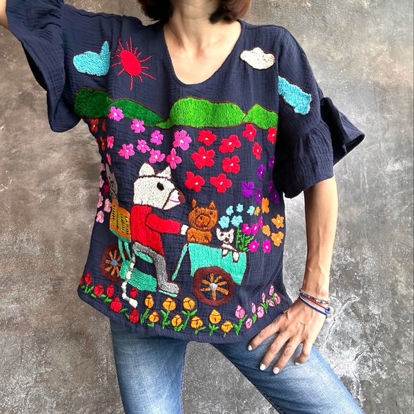 Hand Embroidered Blouse, Embroidered floral blouse, Dog lover blouse, Colorful blouse, Salu fabric blouse, L/XL blouse, Deep bluse blouse,