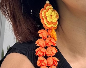 Crochet Earrings, Flower Earrings, Long Earrings, Big Earrings, 3 Pattern Earrings, Handmade Earrings, Dangle drop Earrings