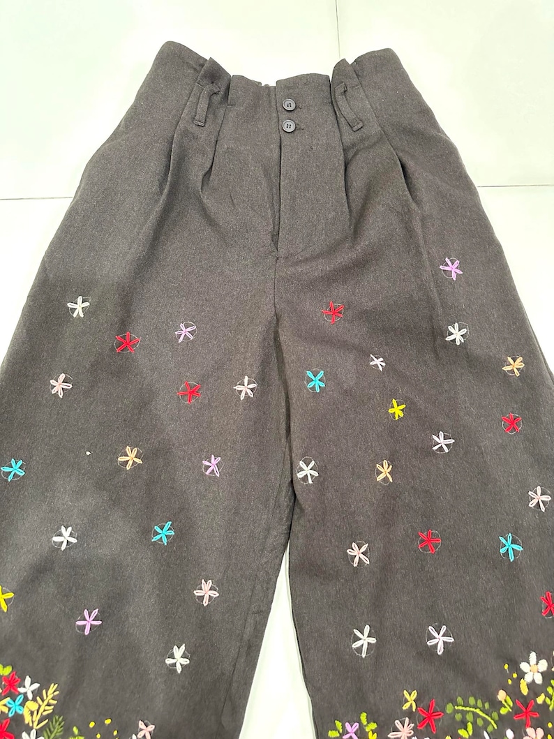 Cotton Embroidered Pants, M size Pants, Floral embroidered Pants, Brown Pants, Relax Pants, Wide leg Pants, Elastic waist pants zdjęcie 8