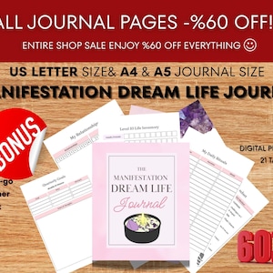 Könnte beinhalten: Eine Auswahl an Journalseiten mit dem Titel "MANIFESTATION DREAM LIFE JOURNAL". Das Bild zeigt ein Bonus-Planer-Geschenk und einen Rabatt von 60 %. Das Journal ist in den Größen US Letter, A4 und A5 erhältlich. Das Journal hat 21 Registerkarten.