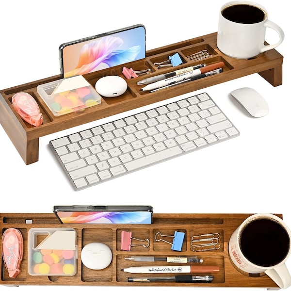 EDZY Natural Wood Multi-Compartment  Desk Organizer for Home, Office, Table Caddy for Desktop and Workspace 19.8''×5.1''×2.7''