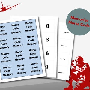 May include: An image with Morse code learning aids. It shows flashcards with Morse code patterns and the words "Morse Code Memory." A red aeroplane and a soldier silhouette are also present. The text "Memorize Morse Code" is in a circle.