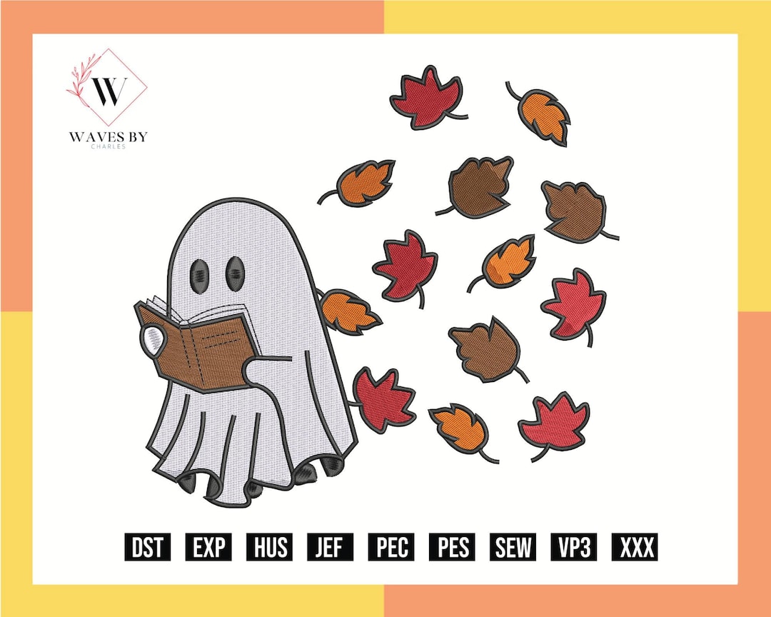 Reading Ghost Book Embroidery, Autumn Design Leaves Ghost Machine ...