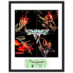 Van Halen in una cornice di vetro di qualità, con riproduzione fotografica, autografo e biglietto firmato dalla leggendaria rock band, molto da collezione