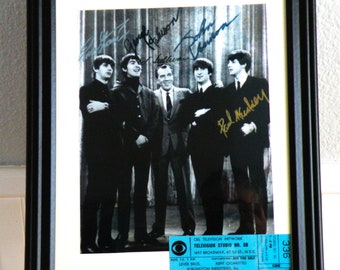 The Beatles and Ed Sullivan in Quality Framed Autograph, Photo and ticket Reproduction Signed by the Legendary Rock band Collectible