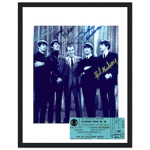 The Beatles on Ed Sullivan Show Framed Photo with, reproduction autograph, concert ticket, photo Collectible - Vintage Rock Decor