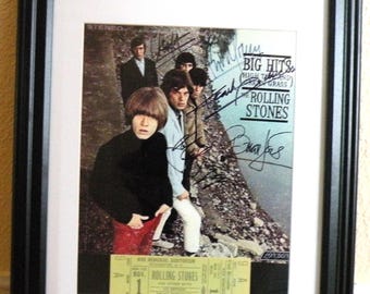 Rolling Stones, Glass Framed Reproduction Autograph, Photo & Ticket