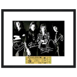 Queen, Freddie Mercury in a Quality Glass Framed, Reproduction Autograph Photo and ticket Signed by the Iconic Legendary Rock band