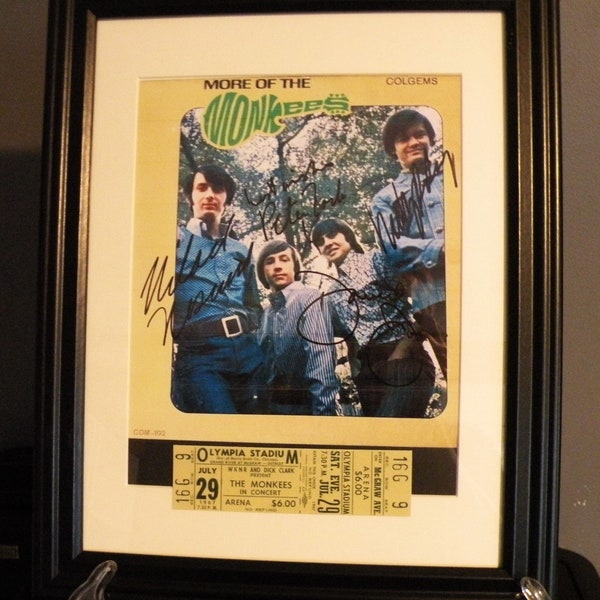 The Monkees Autograph Quality Framed Iconic Photo Signed by the Legendary Rock band Collectible with Reproduction Signatures and ticket